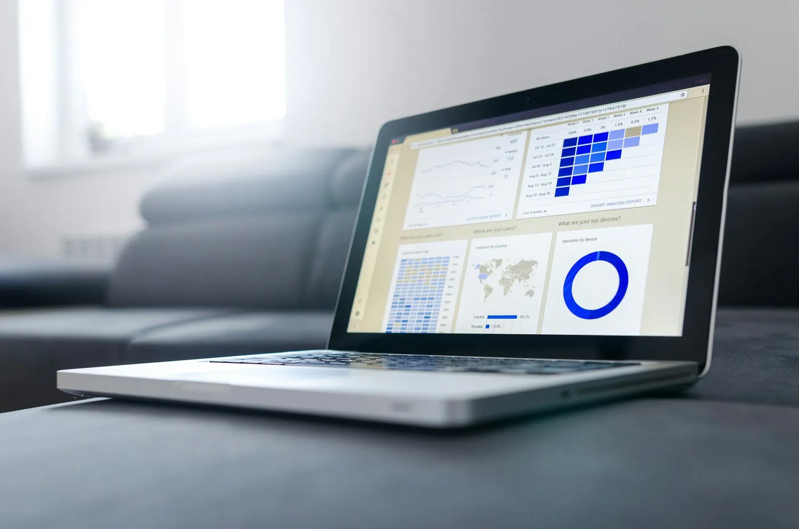 Laptop showing sales charts and reports
